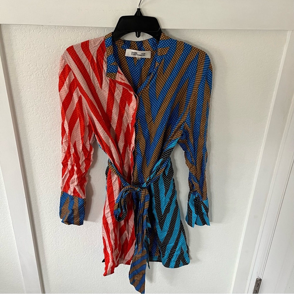 Diane Von Furstenberg Multi-Color Striped Wrap Tunic - Red, Blue, Brown